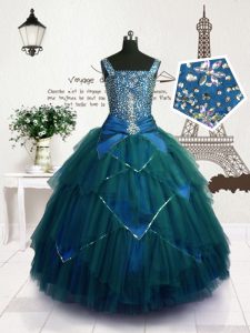 Teal Sleeveless Floor Length Beading and Belt Lace Up Glitz Pageant Dress