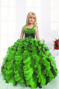 On Sale Mermaid Organza Straps Sleeveless Beading and Ruffles Floor Length Lace Up Kids Formal Wear
