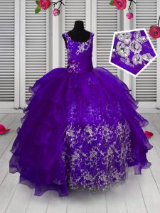 Custom Fit Floor Length Lace Up Little Girls Pageant Dress Navy Blue for Party and Wedding Party with Appliques and Ruff
