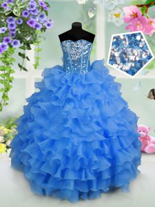 Light Blue Organza Lace Up Pageant Dress for Teens Sleeveless Floor Length Ruffled Layers and Sequins