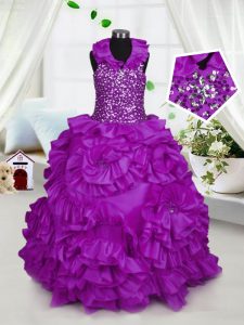Cute Taffeta Halter Top Sleeveless Zipper Beading Pageant Dress Wholesale in Purple