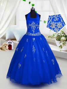 Best Halter Top Blue Tulle Lace Up Girls Pageant Dresses Sleeveless Floor Length Appliques