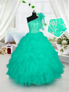 New Style Turquoise One Shoulder Neckline Embroidery and Ruffles Child Pageant Dress Sleeveless Lace Up