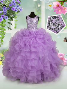 New Style Scoop Sleeveless Kids Pageant Dress Floor Length Ruffles and Sequins Lavender Organza