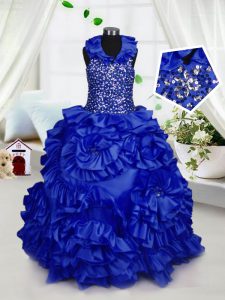 Attractive Royal Blue Halter Top Zipper Beading and Ruffles Evening Gowns Sleeveless