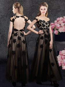 Backless Sweetheart Short Sleeves Dress for Prom Ankle Length Appliques Black Tulle