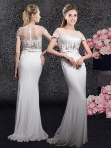 Glamorous White Zipper Scoop Appliques and Sequins Evening Dress Elastic Woven Satin Short Sleeves Brush Train