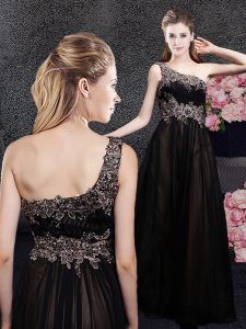 Perfect Black Empire Tulle One Shoulder Sleeveless Appliques Floor Length Side Zipper Prom Dress