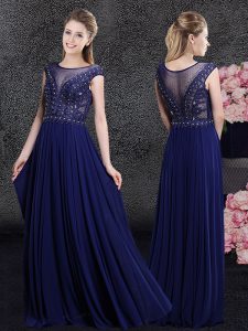 Classical Navy Blue Empire Scoop Cap Sleeves Chiffon Floor Length Side Zipper Beading and Appliques Prom Dresses