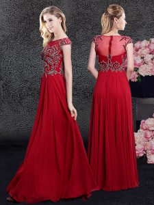 Perfect Red Prom Dresses Prom and Party and Military Ball and Wedding Party and For with Appliques Scoop Cap Sleeves Zip