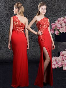Excellent One Shoulder Red Chiffon Side Zipper Dress for Prom Sleeveless Floor Length Lace and Appliques