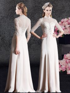 Floor Length Champagne Satin Half Sleeves Lace