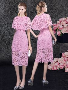 Admirable Pink Zipper Scoop Lace Evening Party Dresses Lace Half Sleeves