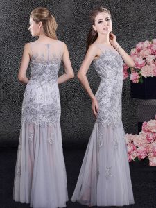 Wonderful Scoop Sleeveless Prom Dress Floor Length Lace and Appliques Grey Tulle
