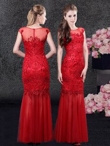 Custom Design Mermaid Scoop Cap Sleeves Celebrity Evening Dresses Floor Length Lace Red Tulle