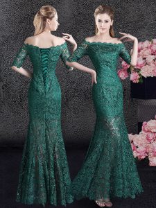Enchanting Mermaid Scalloped Dark Green Half Sleeves Lace Lace Up Homecoming Gowns for Prom and Party and Military Ball 