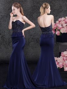 Mermaid With Train Zipper Runway Inspired Dress Navy Blue for Prom and Military Ball and Wedding Party with Beading Brus