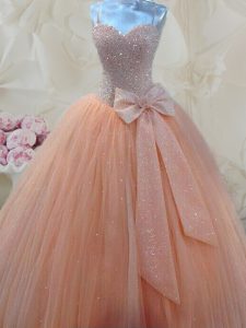 On Sale Peach A-line Spaghetti Straps Sleeveless Tulle Floor Length Lace Up Beading and Bowknot Prom Dresses