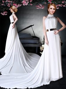 Charming Halter Top Sleeveless Court Train Backless With Train Appliques and Belt Teens Party Dress