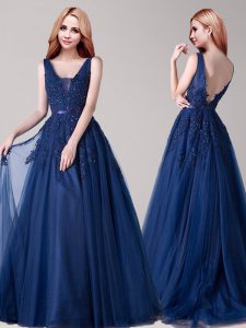 Ideal Navy Blue Dress for Prom Prom and For with Appliques and Belt V-neck Sleeveless Backless