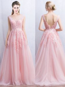 Sexy Baby Pink V-neck Backless Appliques and Belt Homecoming Dress Brush Train Sleeveless