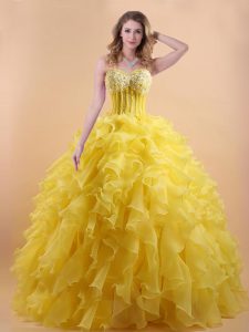 Custom Design Sweetheart Sleeveless Quince Ball Gowns Floor Length Appliques and Ruffles Gold Organza