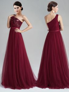 Stylish Sequins With Train Burgundy Prom Dress One Shoulder Sleeveless Brush Train Zipper