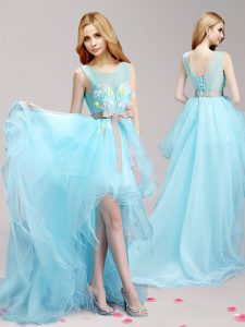 Scoop Sleeveless High Low Appliques and Bowknot Lace Up Prom Dresses with Aqua Blue