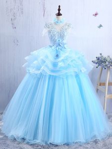 Artistic Baby Blue Evening Wear Prom and For with Appliques and Ruffles V-neck Short Sleeves Lace Up