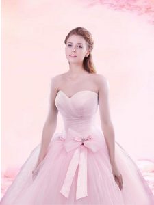 Inexpensive Sleeveless Brush Train Ruching and Bowknot Lace Up Quinceanera Dress