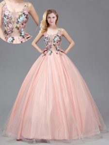 Straps See Through Floor Length A-line Sleeveless Baby Pink Sweet 16 Dresses Criss Cross