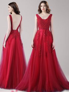Straps Sleeveless Tulle Floor Length Backless Celebrity Evening Dresses in Wine Red with Beading and Appliques and Belt