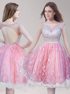 Lace Scoop Sleeveless Backless Beading Celebrity Evening Dresses in Pink And White