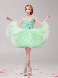 Glittering Halter Top Sleeveless Mini Length Ruffles and Hand Made Flower Backless Prom Dress with Apple Green