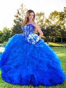 Royal Blue Ball Gowns Beading and Ruffles Vestidos de Quinceanera Lace Up Tulle Sleeveless Floor Length