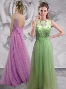 Fashionable Lilac Womens Evening Dresses Prom and For with Beading Bateau Sleeveless Brush Train Backless