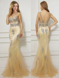 Gold Mermaid Scoop Cap Sleeves Tulle With Brush Train Backless Beading Prom Dresses