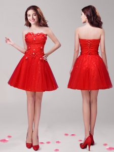High Quality Mini Length A-line Sleeveless Red Prom Gown Lace Up