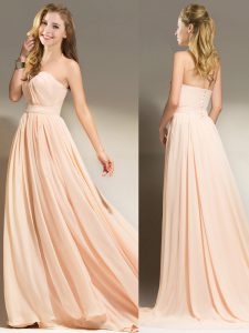 Peach Sweetheart Clasp Handle Belt Prom Gown Brush Train Sleeveless