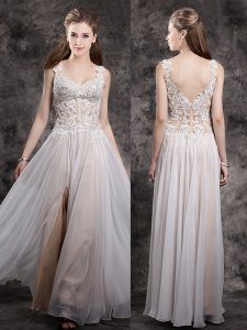 Champagne Empire Chiffon Straps Sleeveless Appliques Floor Length Zipper Mother Of The Bride Dress