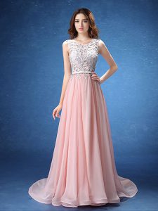 Fitting Scoop Baby Pink Empire Lace and Appliques and Belt Prom Evening Gown Zipper Chiffon Sleeveless With Train