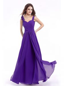 Eye-catching Purple Empire Chiffon Straps Sleeveless Hand Made Flower Floor Length Zipper Prom Evening Gown
