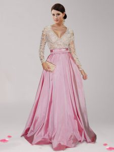 Admirable Pink And White Zipper Prom Dresses Beading and Belt Long Sleeves Floor Length