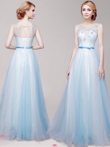 Scoop Sleeveless Floor Length Appliques and Bowknot Lace Up Prom Dresses with Light Blue