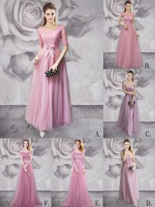 Floor Length Lilac Evening Dress Scoop Half Sleeves Lace Up