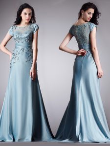 Sophisticated Scoop Light Blue Cap Sleeves Satin Zipper Prom Gown for Prom
