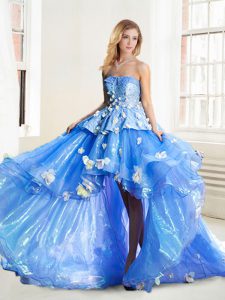 Top Selling Organza Strapless Sleeveless Lace Up Appliques Quinceanera Gowns in Blue