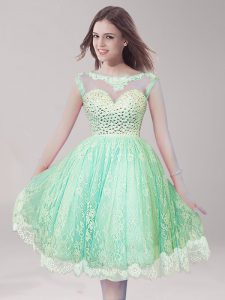 Spectacular Apple Green Lace Backless Scoop Sleeveless Knee Length Beading