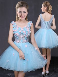 Custom Fit Sleeveless Organza Mini Length Lace Up Cocktail Dresses in Baby Blue with Hand Made Flower