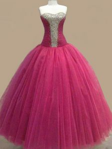 Colorful Floor Length Lace Up Prom Party Dress Fuchsia for Prom with Beading